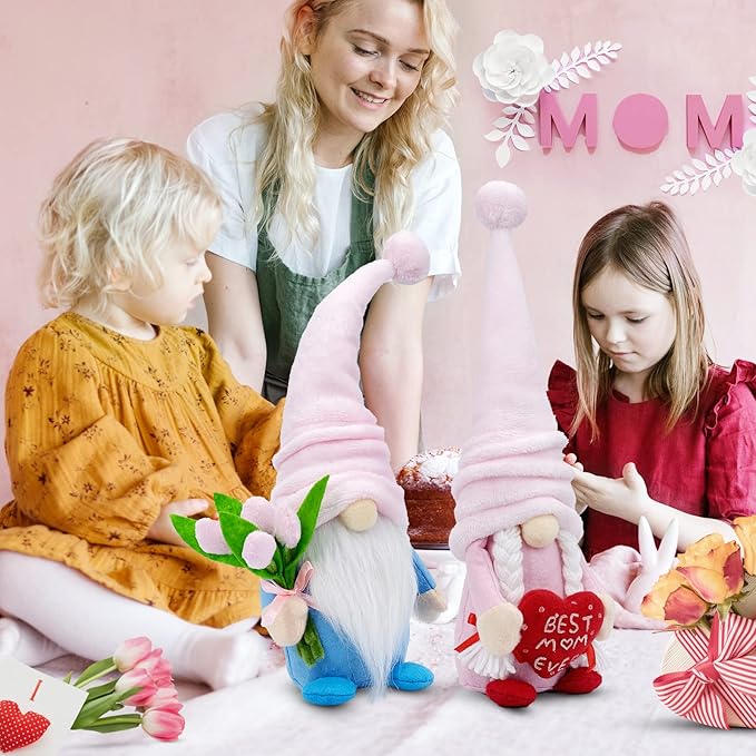 Lovinland Mothers Day Plush Couple Gnomes Decorations for Mom - Best Ever Gifts for Mom Who Have Everything from Daughter Son - Spring Tulips Gnomes Decor