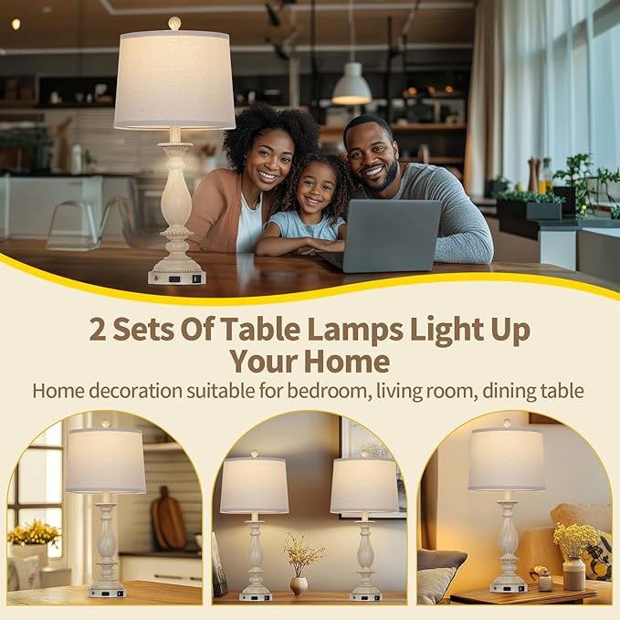 28" Tall Farmhouse Table Lamps for Living Room Set of 2,Vintage Rustic Beige Bedside Touch Lamp with USB C+A Ports & AC Outlet, 3-Way Dimmable Resin Nightstand Lamp for Bedroom Entryway Office