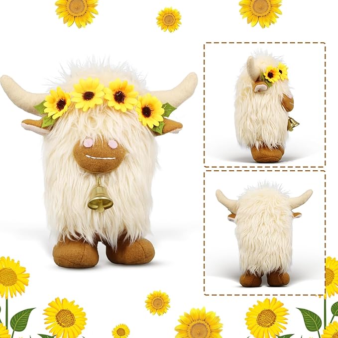 Lovinland Highland Cow Decor - Spring Scottish Cow Plush Gnomes Decorations for Home - Stuffed Animal Plush Gnomes Doll