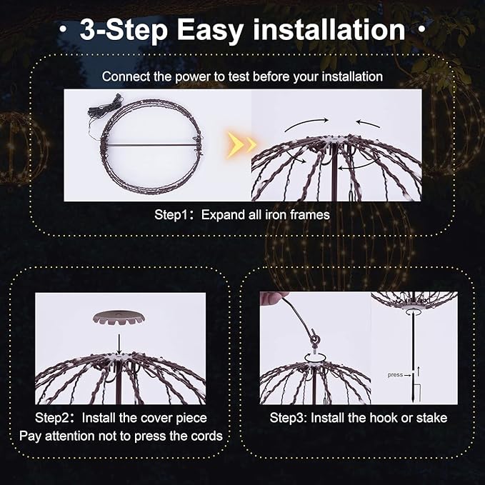 Christmas Ball Sphere, 20IN 200LED Hanging Tree and Pathway Light With Hook and Stake, Foldable Metal Frame Ball for Outdoor Garden, UL Listed, Brown Frame, RGB