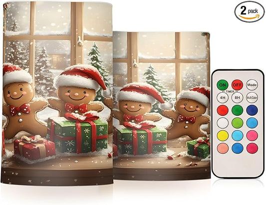 ALAZA Cute Christmas Gingerbread Santa Hat Snow Flickering Flameless Candles Battery Operated with Remote Timer,Tea Light Candles LED Pillar Votive Candles Set of 2 for Outdoor Indoor Decorations