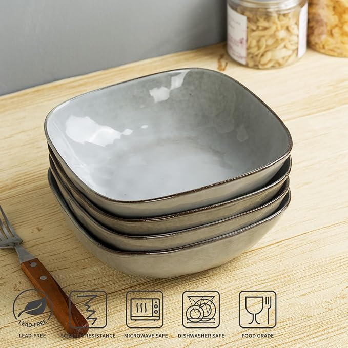 famiware Large Pasta Bowls Set of 4, Ocean Square 8" Bowls, Pasta Serving Bowl Large Dinner Bowls, Kitchen Bowl Set, Microwave and Dishwasher Safe, Scratch Resistant, Grey
