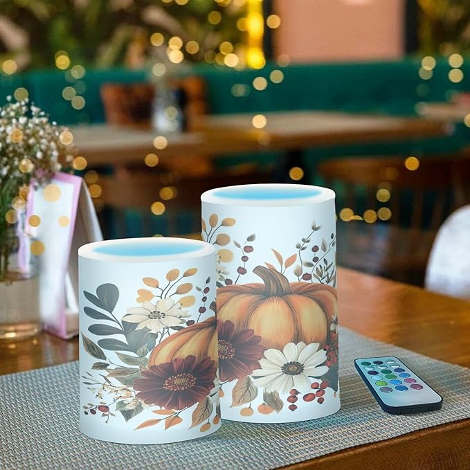 ALAZA Thanksgiving Pumpkin Fall Autumn Flickering Flameless Candles Battery Operated with Remote Timer,Tea Light Candles LED Pillar Votive Candles Set of 2 for Outdoor Indoor Decorations