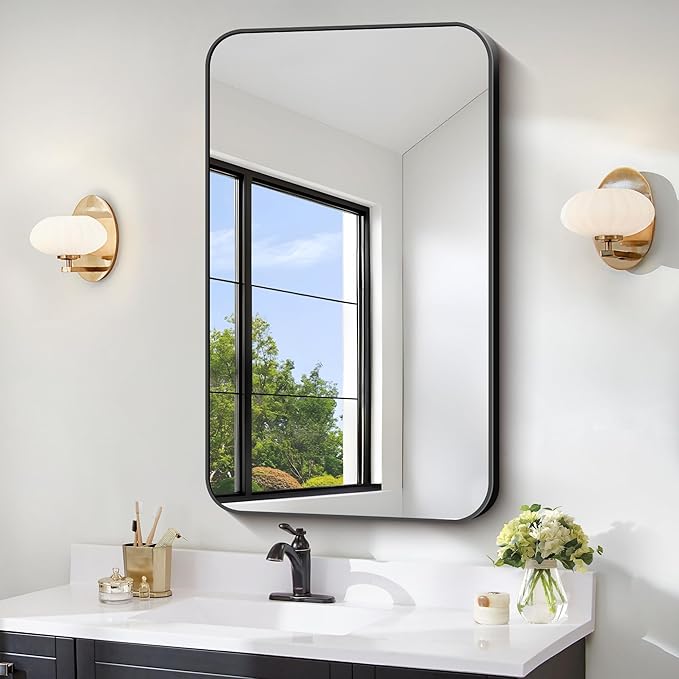 FORBATH Bathroom Mirror for Over Sink 24x40 Inch Black, Rectanglar Wall Mirror with Metal Frame, Rounded Corners for Bathroom, Bedroom, Entryway Decor (Horizontal or Vertical)