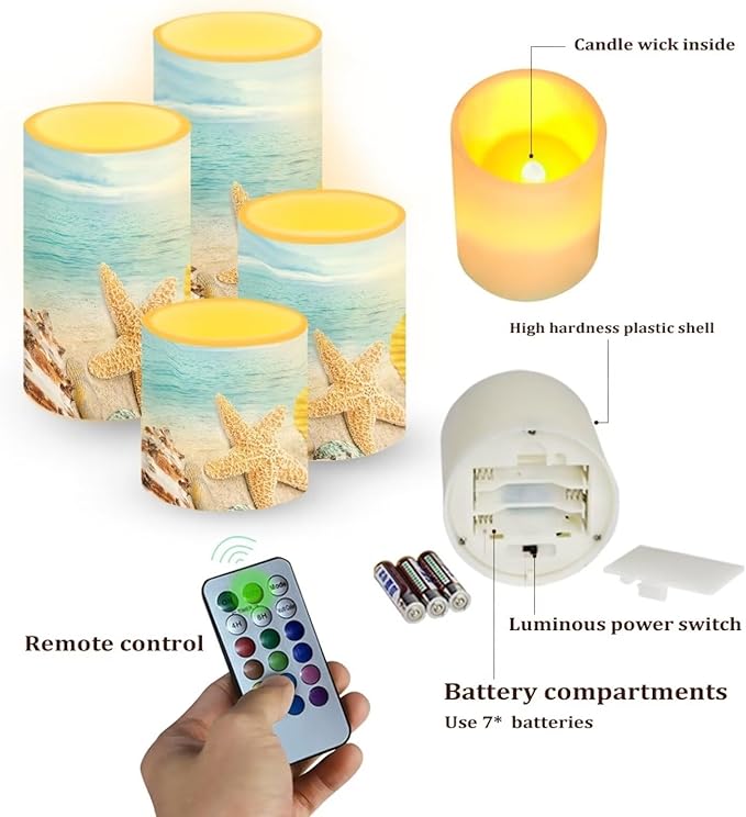 Flameless Candles Battery Powered LED Candles with Remote Timer Color Changing Control Long Lasting for Indoor Outdoor Beach Home Decoration Set of 4, Coastal Starfish Blue Sea