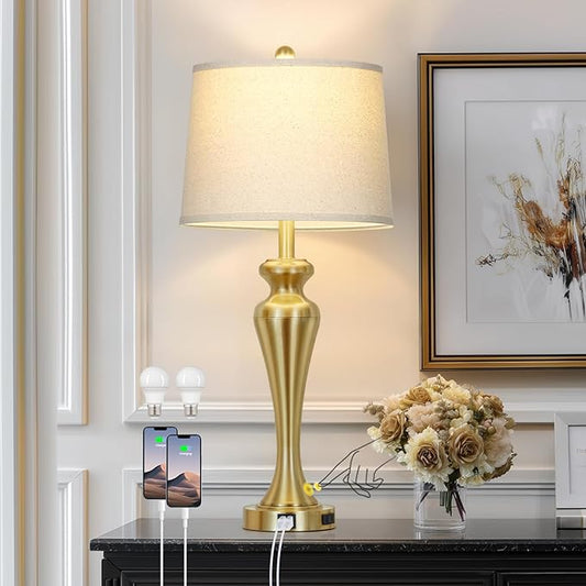 30 Inch Gold Single Table Lamp, 3-Way Dimmable Touch Control Bedside Lamps with USB A+C Ports and AC Outlet, Metal Brass Bedroom Lamps for Night stand, Modern Tall Lamp for Living room end table