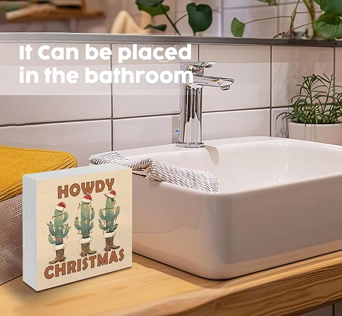 Howdy Christmas Western Cactus Cowgirl Boots Wooden Box Sign, Country Christmas Wood Signs For Home Office Desk Shelf Table Decor, Western Decorations, 5x5 Inch