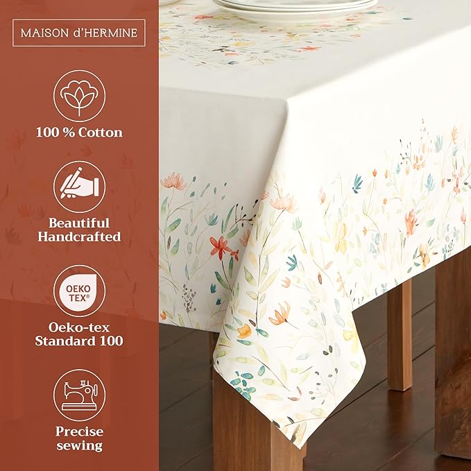 Maison d' Hermine Table Cloth Rectangle Table 100% Cotton 70 x 120 Inches Tablecloth Reusable Decorative Everyday Use for Dining Room, Farmhouse, Home, Party, Festive & Wedding Spring Summer - Colmar