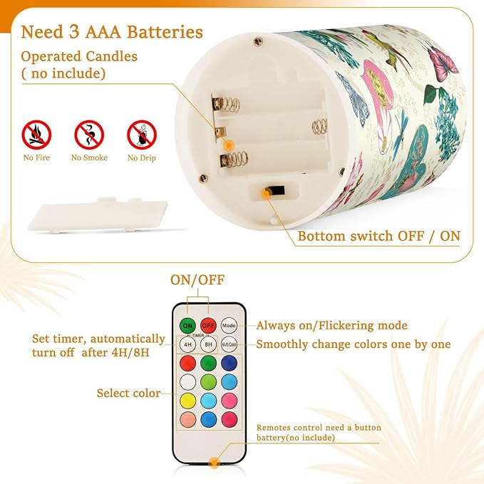 Beautiful Spring Flowers Butterflies Hummingbirds Flickering Flameless Candles Battery Operated with Remote Timer,Tea Light Candles LED Pillar Votive Candles set of 2 for Outdoor Indoor Decorations