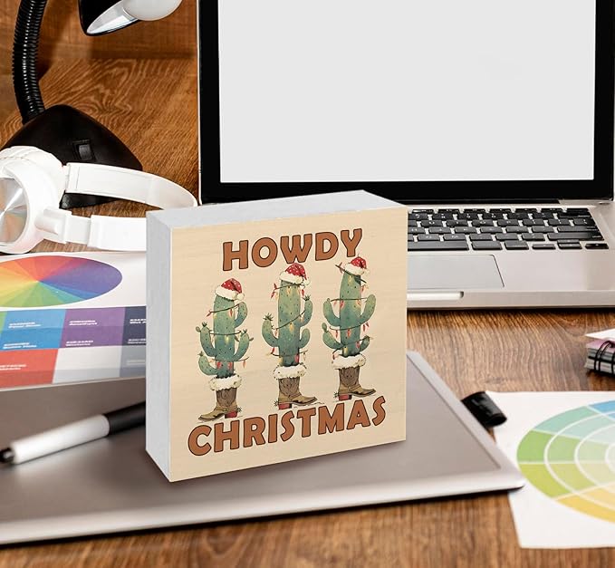 Howdy Christmas Western Cactus Cowgirl Boots Wooden Box Sign, Country Christmas Wood Signs For Home Office Desk Shelf Table Decor, Western Decorations, 8x8 Inch