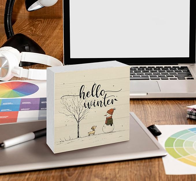 Hello Winter Sign, Christmas Snowman Snowflake Wooden Box Sign, Snowman Christma Decorations, Winter Christma Wood Signs for Home Office Desk Table Shelf Decor, 8x8 Inch