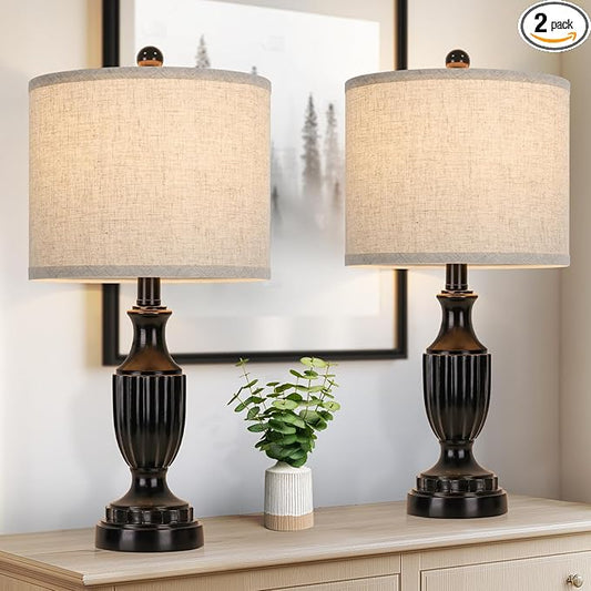 TOBUSA Farmhouse Living Room Table Lamps Set of 2, Matte Black Rustic Vintage Table Lamps for Bedroom Nightstand, Antique Bedside Desk Lamps with Linen Shade, 22’’ Small Resin Lamp Sets for End Table