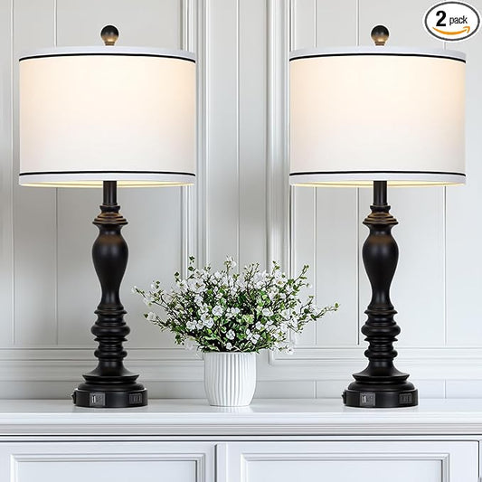 28" Set of 2 Farmhouse Table Lamps for Living room, Bedside Lamp with USB C+A Ports & AC Outlets, Black Vintage End Table Lamps for Bedrooms, Nightstand Lamps Fabric Shades Rustic 2 LED Bulbs Included