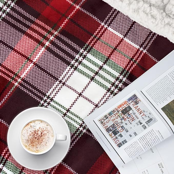 PAVILIA Red Green Christmas Plaid Sherpa Throw Blanket, Holiday Fleece Blanket 50" x 60", Soft Flannel Plush Throw for Couch, Sofa & Bed, Festive Winter Home Decor, Cozy