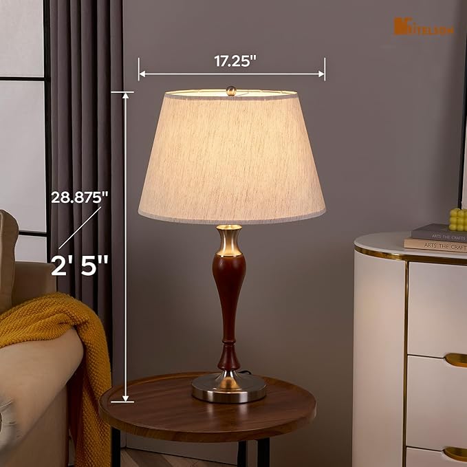 Table Lamp, Modern Nightstand Desk Lamp with Dimmer Switch and Bulb, Mid Century Lamp for Living Room and Office, Wood Bedside Lamp for Bedroom, Home Décor, Walnut Wood Finish