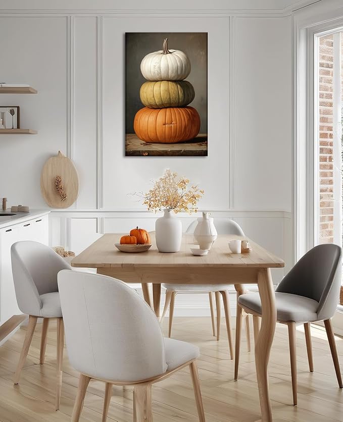 LYUNSHUO Pumpkin Wall Art Halloween Themed Canvas Wall Decor White Yellow Orange Pictures Farmhouse Autumn Harvest Posters Vintage Artwork for Modern Home Decor Frame - 28"x42"
