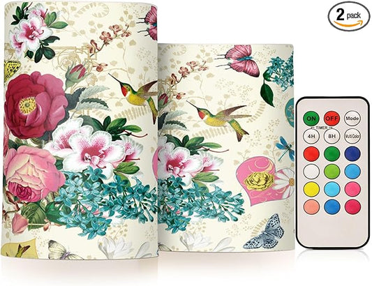Beautiful Spring Flowers Butterflies Hummingbirds Flickering Flameless Candles Battery Operated with Remote Timer,Tea Light Candles LED Pillar Votive Candles set of 2 for Outdoor Indoor Decorations