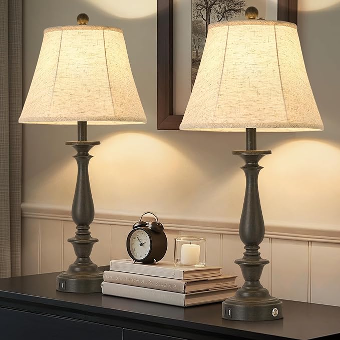 AIDENOEY 28.5" Traditional Table Lamp Set of 2, Rustic Farmhouse Table Lamps for Living Room Bedroom, Bedside Desk Lamps Vintage Nightstand Lamps with Silk Fabric Shades,Antique Rust Table Lamp