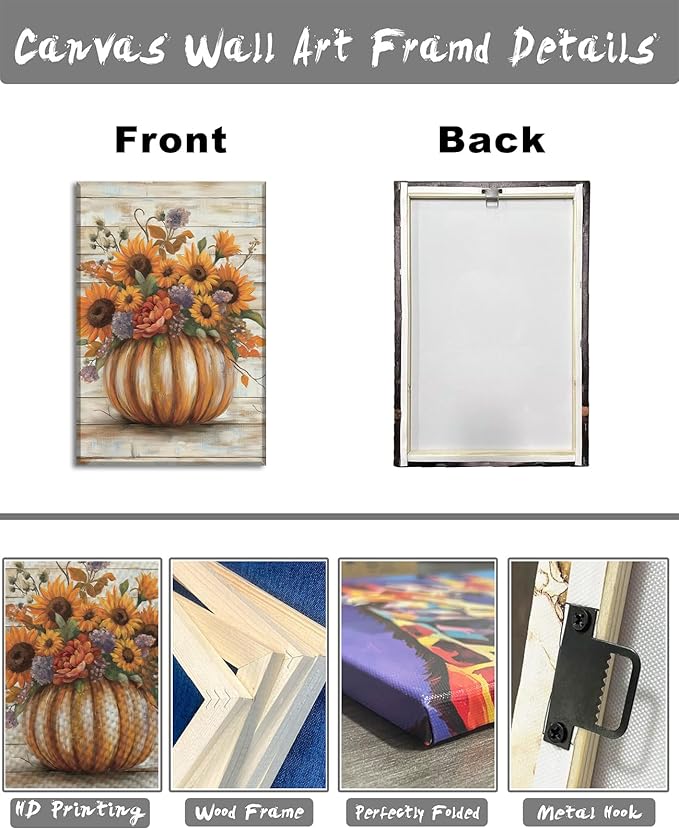 Pumpkin Wall Art Halloween Themed Canvas Wall Decor Sunflower Pictures Farmhouse Autumn Harvest Posters for Kitchen Bathroom Living Room Home Decor Frame - 28"x42"