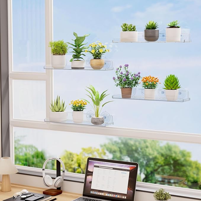 Lifewit Window Plant Floating Shelves 15 inch, 3 Pack Acrylic Suction Cup Shelf, Window Sill Extender for Indoor Succulent Plants, Micro Greens, Seed Starter Pots, Herb Planters