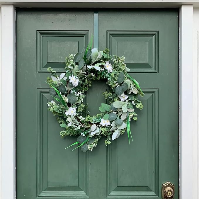 24 Inch Spring Everyday Lamb Ear Green Leaves Wreath for Front Door, Artificial Boxwood Leaves White Wild Flower Wreath for Indoor Outdoor, Welcome Wood Sign Flower