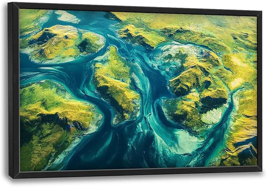 Lovira Natural Landscape Aerial View Large Wall Art Green River Island Spring Canvas Wall Decor Pictures Prints Painting Framed Modern Artwork for Living Room Bedroom Bathroom Kitchen Office 24"x36"