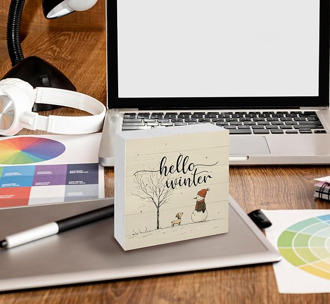 Hello Winter Sign, Winter Decorations for Home, Christmas Snowman Snowflake Wooden Box Sign, Snowman Christmas Wood Signs for Home Office Desk Table Shelf Decor, 5x5 Inch