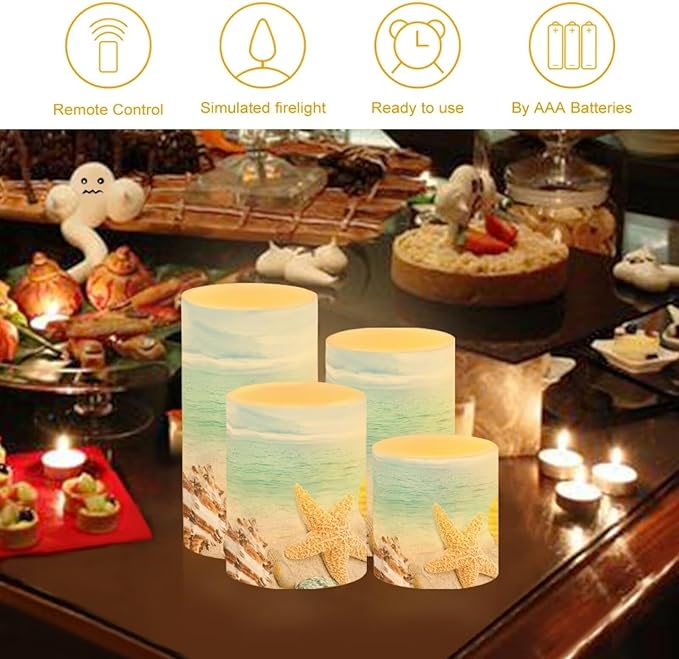 Flameless Candles Battery Powered LED Candles with Remote Timer Color Changing Control Long Lasting for Indoor Outdoor Beach Home Decoration Set of 4, Coastal Starfish Blue Sea