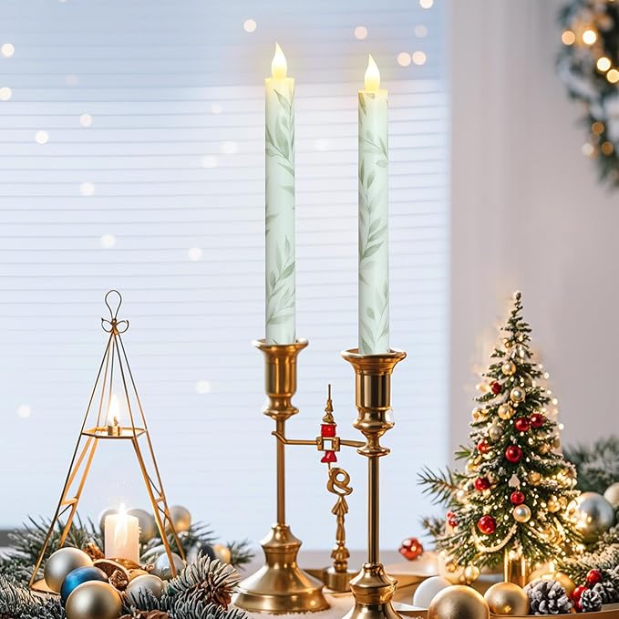 Willow Leaf Flameless Taper Candles with Remote & Timer Real Wax LED Taper Candles Flickering Candlesticks Battery Operated Candle for Home Wedding Party Summer Fall Christmas Decor 2 Pack 9.6"