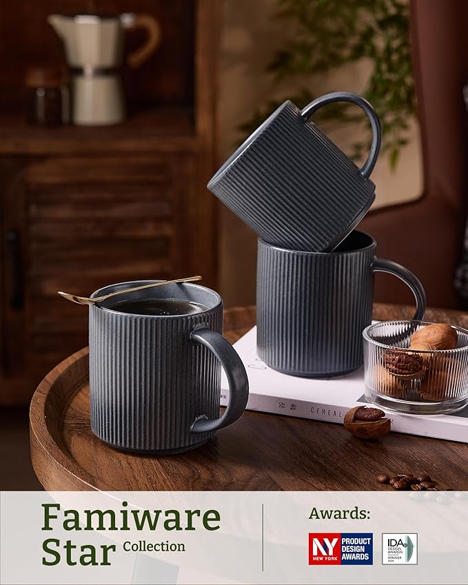 famiware Coffee Mug Set for 6, Star 16 oz Catering Mugs Cup Set with Handle for Coffee, Tea, Cocoa, Milk - Ceramic Stoneware Drinkware Set, Matte Dark Charcoal