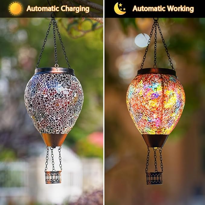 DREAMSOUL Mosaic Hot Air Balloon Solar Lantern with LED Light, Hanging Glass Solar Lanterns Outdoor Waterproof for Garden Patio Porch Decor