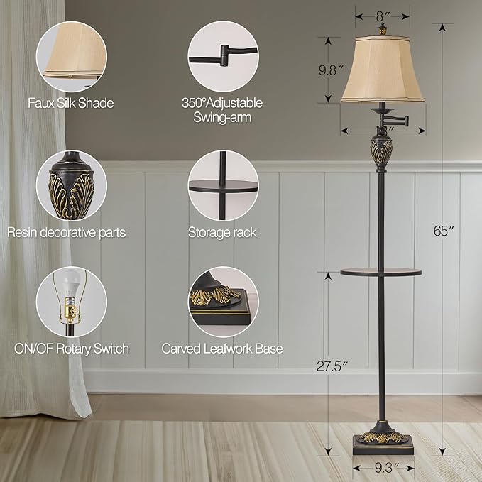 Traditional LED Floor Lamp with 350° Adjustable Swing Arm Lamp – Vintage Standing Pole lamp for Living Room, Bedroom and Office – Rustic Upright Floor Light for Home Décor with Silk Fabric Shade