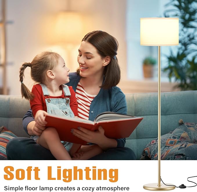 Ambimall 60'' Modern Floor Lamp with Shade, Tall Lamps for Living Room, Bedroom, Office, Dining Room, White Shade with Gold Pole(Without Bulb)