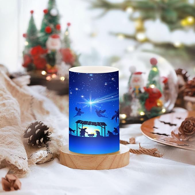 ALAZA Christmas Blue Nativity Scene Flickering Flameless Candles Battery Operated with Remote Timer,Tea Light Candles LED Pillar Votive Candles Set of 2 for Outdoor Indoor Decorations