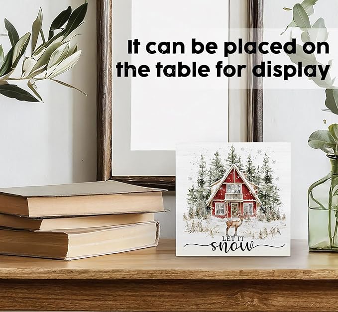 Let It Snow Sign, Winter Christmas Wooden Box Sign, Farmhouse Christmas Decorations, Farmhouse Winter Reindeer Wood Signs For Home Office Desk Table Shelf Decor, 5x5 Inch