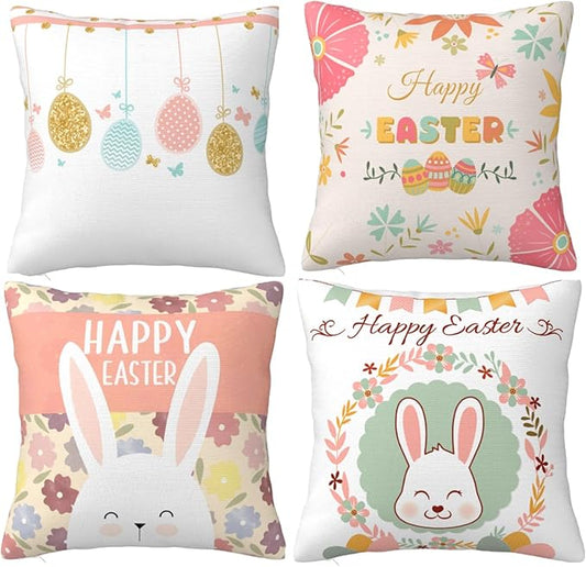 Easter Throw Pillow Covers 18 x 18 Inch Set of 4 Happy Easter Eggs Bunny Rabbits Pink Spring Decor Cushion Covers for Home Sofa Couch Decoration