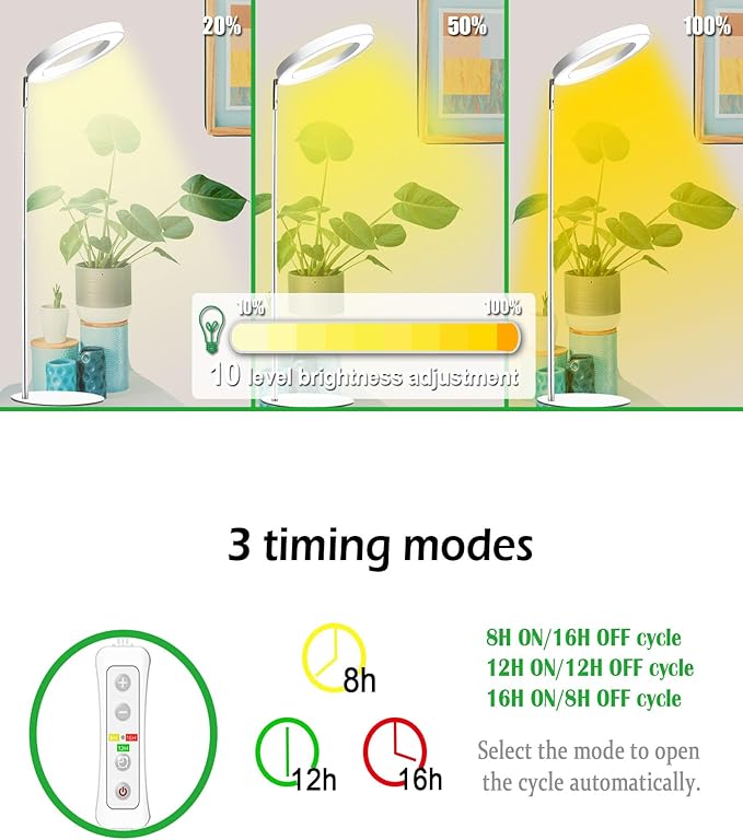 yadoker Plant Grow Light for Indoor Plant,Desk LED Grow Light,Height Adjustable,Automatic Timer with 8/12/16 Hours,10-Level Brightness,Ideal for Small Plant Grow