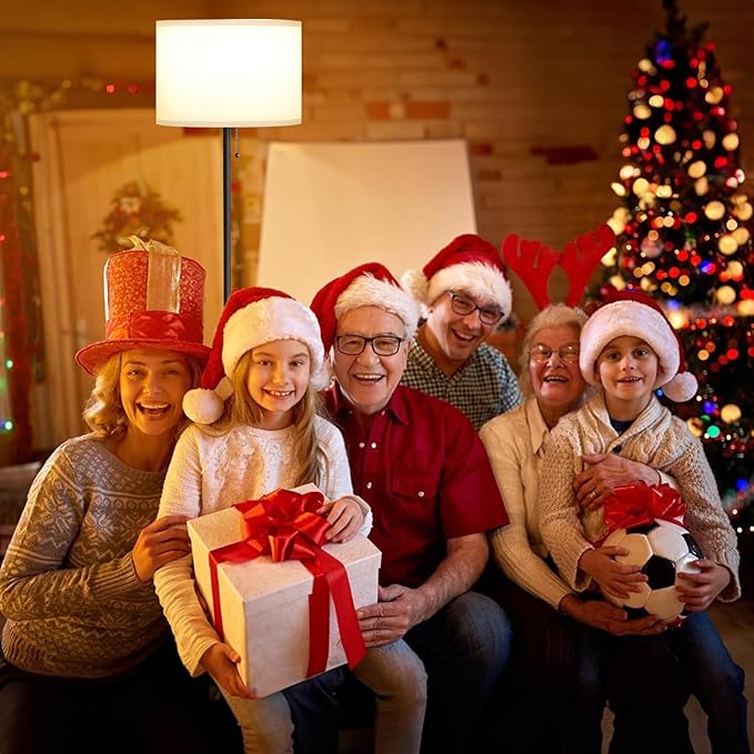 Ambimall Floor Lamps for Living Room with 3 Color Temperatures Bulb & Pull Chain Switch, 60" Modern Standing Floor Lamp for Bedroom Kids Room Study Room（White Shade & Black Pole）