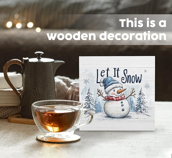 Let It Snow Sign, Christmas Snowman Wooden Box Sign, Farmhouse Winter Wood Signs For Home Office Desk Shelf Table Decor, Snowman Christmas Decorations, Winter Home Decor, 8x8 Inch