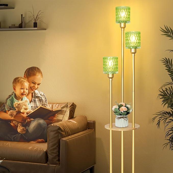 HMVPL MVPL Crystal Floor Lamp with Shelves,Floor Lamps for Living Room (Gold-Green Straight, Glass)