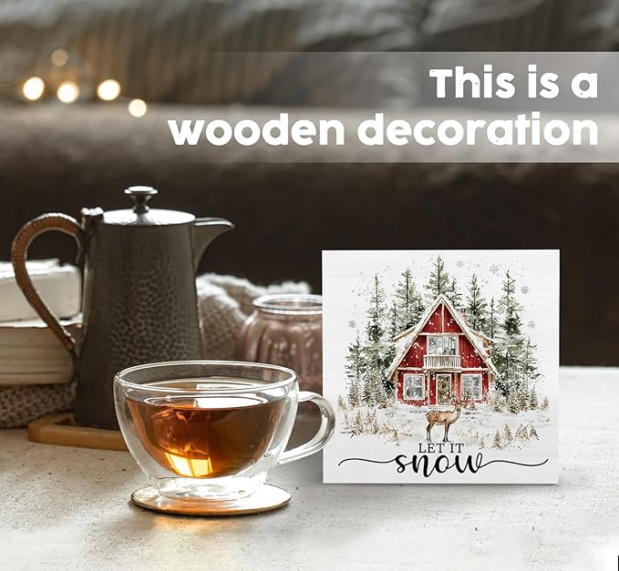 Let It Snow Sign, Winter Christmas Wooden Box Sign, Farmhouse Christmas Decorations, Farmhouse Winter Reindeer Wood Signs For Home Office Desk Table Shelf Decor, 5x5 Inch