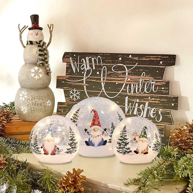 YEAHOME Christmas Decorations Indoor, 3 Pcs Lighted Gnomes Christmas Snow Globes Home Decor, Christmas Table Decorations LED Crackle Glass Ball with Timer for Living Room Fireplace Tabletop