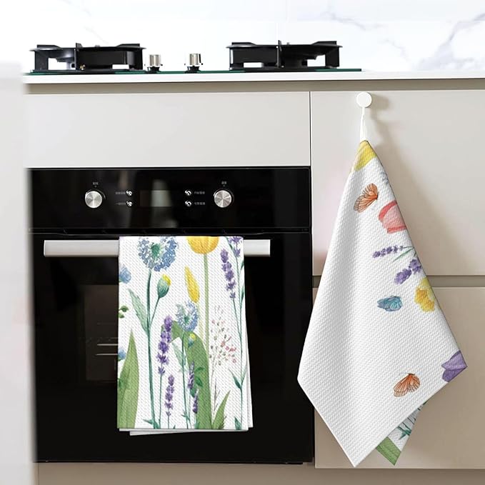 Spring Floral Kitchen Towels Dish Towels 16x24 Inch, Tulip Lavender Flower Decorative Hand Towels Set of 2 Holiday Seasonal Decoration Absorbent Dish Cloths for Home Kitchen Dining