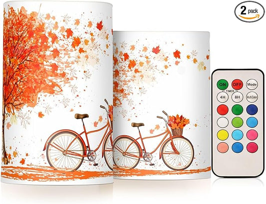 ALAZA Autumn Fall Tree and A Bicycle Thanksgiving Flickering Flameless Candles Battery Operated with Remote Timer,Tea Light Candles LED Pillar Votive Candles Set of 2 for Outdoor Indoor Decorations