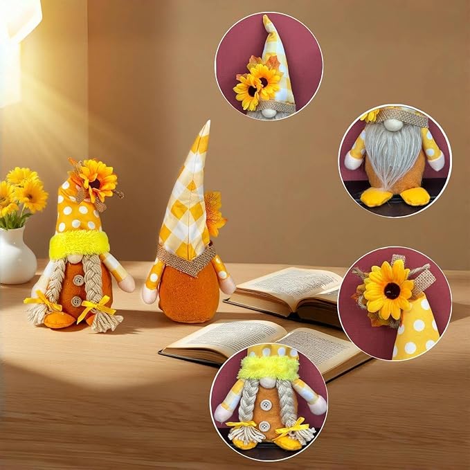 Gnome Sunflower Decor, Summer Spring Fall Gnomes Decorations for Home, Cute Sunflower Gnome Dolls as Thanksgiving Harvest Festival Kitchen Table Ornament, August Gnomes Gifts for Women