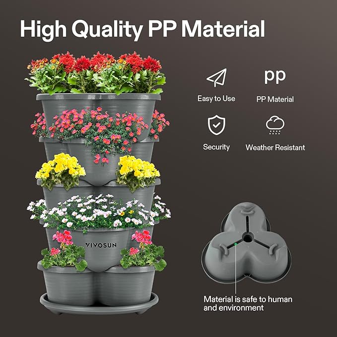 VIVOSUN 5 Tier Vertical Gardening Stackable Planter for Strawberries, Flowers, Herbs, Vegetables, Grey