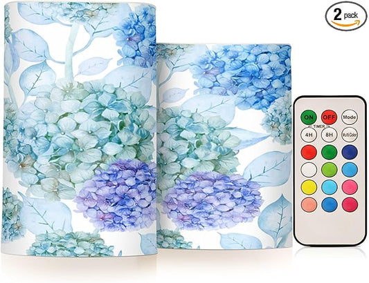 ALAZA Blue Purple Teal Green Hydrangea Flowers Flickering Flameless Candles Battery Operated with Remote Timer,Tea Light Candles LED Pillar Votive Candles Set of 2 for Outdoor Indoor Decorations