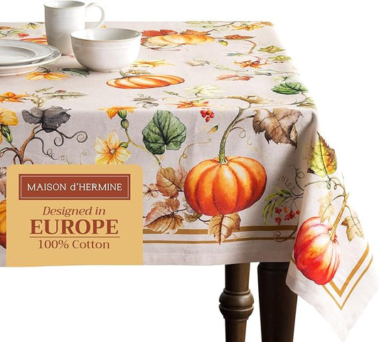 Maison d' Hermine Table Cloth Rectangle Table 100% Cotton 70 x 120 Inches Fall Tablecloth Reusable Everyday Use for Thanksgiving Christmas Decorations Dining Farmhouse Party (Potiron)