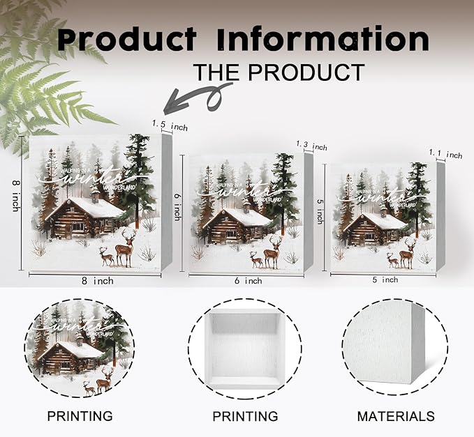 Winter Sign, Winter Christmas Reindeer Wooden Box Sign, Farmhouse Xmas Decorations, Wonderland Decorations, Christmas Wood Signs for Home Office Desk Table Shelf Decor, 8x8 Inch