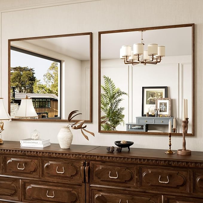 40x36 Inch Rectangle Bathroom Mirror, Walnut Wood Grain Framed, Anti-Rust & 4mm Tempered Glass, Horizontal/Vertical Hanging Vanity Mirror for Bathroom & Bedroom